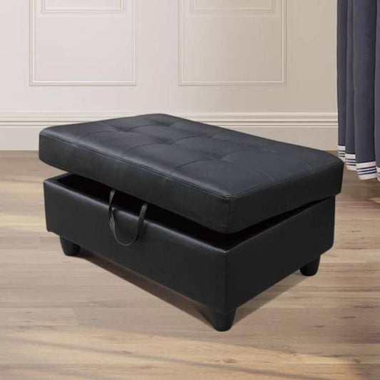 Tufted Faux Leather Storage Ottoman with Lift Off Padded Top, Black - Image 2