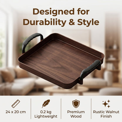 Rectangular Solid Wood Serving Tray with Side Handles and Raised Rim - Image 5