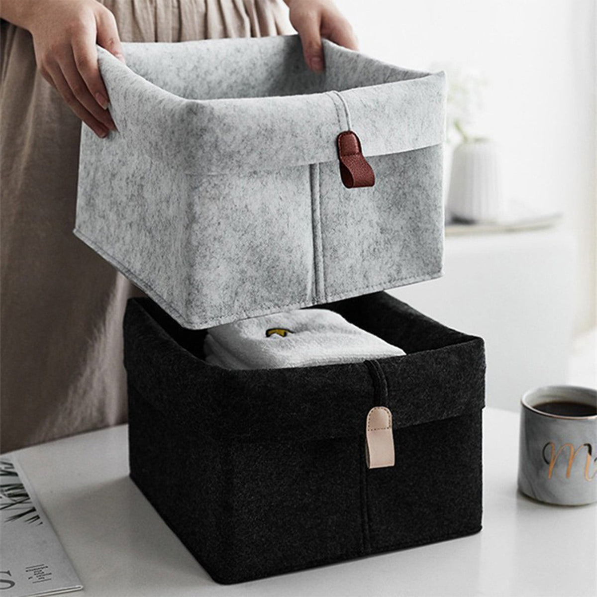 Soft Felt Cube Bin, 9 x 9 x 10 Inches, Folds Flat in Quiet Grey - Image 2