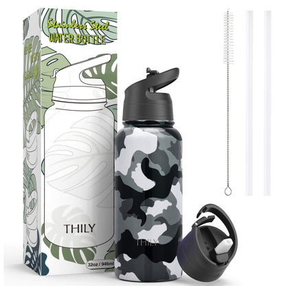 Insulated 32 oz Steel Flask with Flip Lid and Straw Lid, Wide Mouth - Image 5