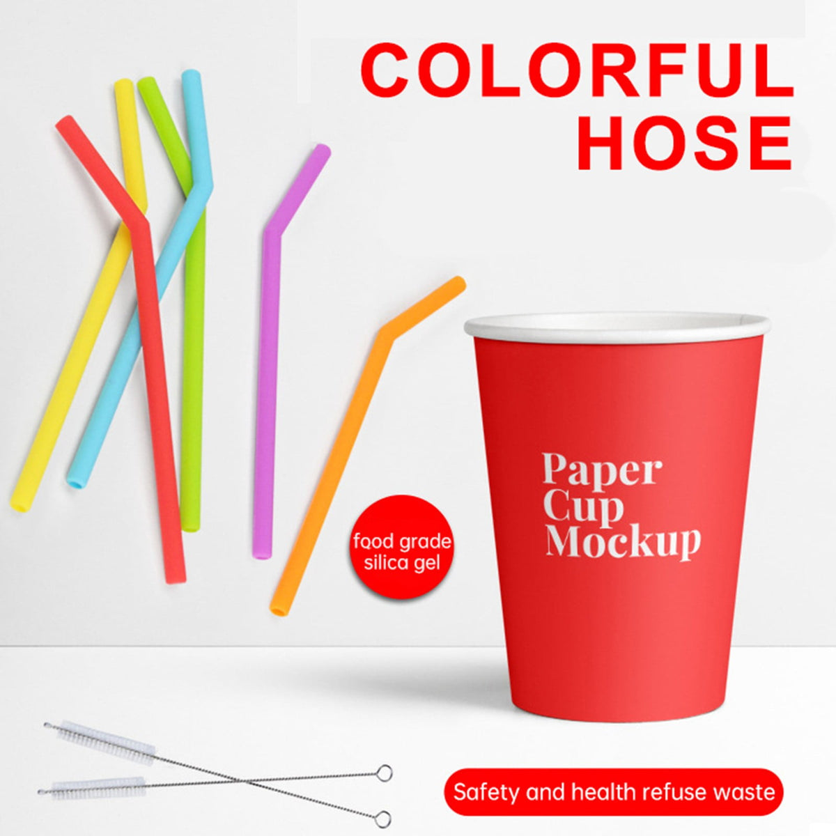 Reusable Silicone Straws, Six Flexible 14 Inch Tubes with Two Brushes - Image 4