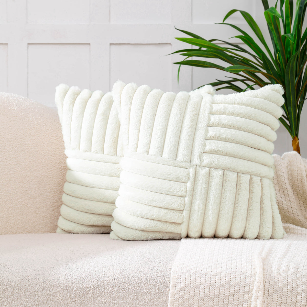 Plush Striped Cushion Covers, Pair of 18 Inch Squares in Cream - Image 2