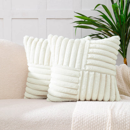 Plush Striped Cushion Covers, Pair of 18 Inch Squares in Cream - Image 2