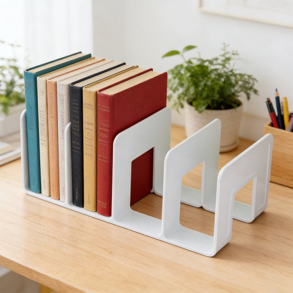 Four Slot Desktop Book Stand in White Plastic, 10.2 Inches Wide - Image 3