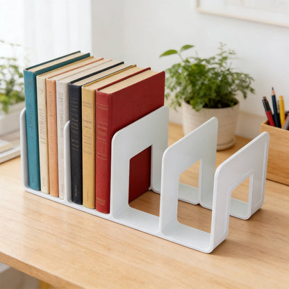 Four Slot Desktop Book Stand in White Plastic, 10.2 Inches Wide - Image 3