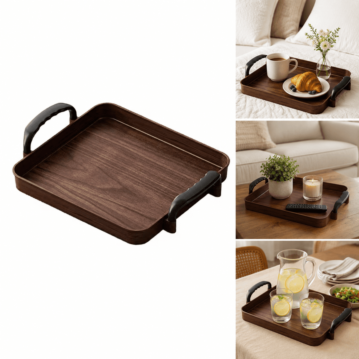 Rectangular Solid Wood Serving Tray with Side Handles and Raised Rim - Image 2