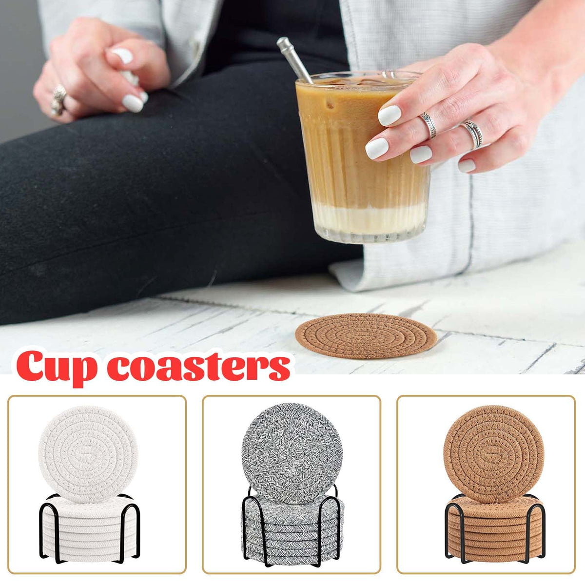 Woven Cotton Coasters, Set of Eight with a Slim Metal Holder - Image 3