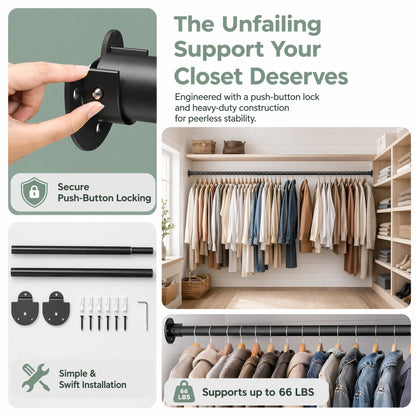 Adjustable Closet Rod, 17 to 87 Inches of Black Metal with Wall Brackets - Image 2