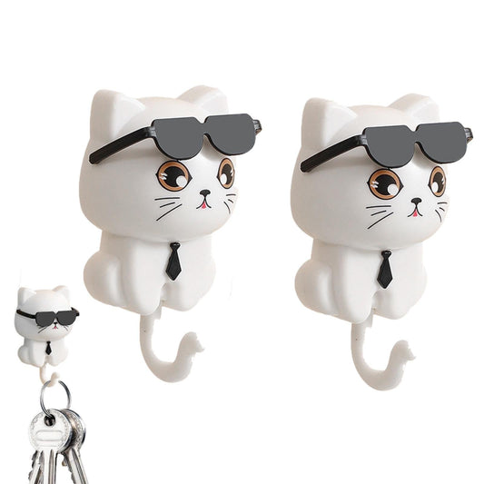 Adhesive Cat Wall Hooks for Keys and Towels, Set of Two in White - Image 2