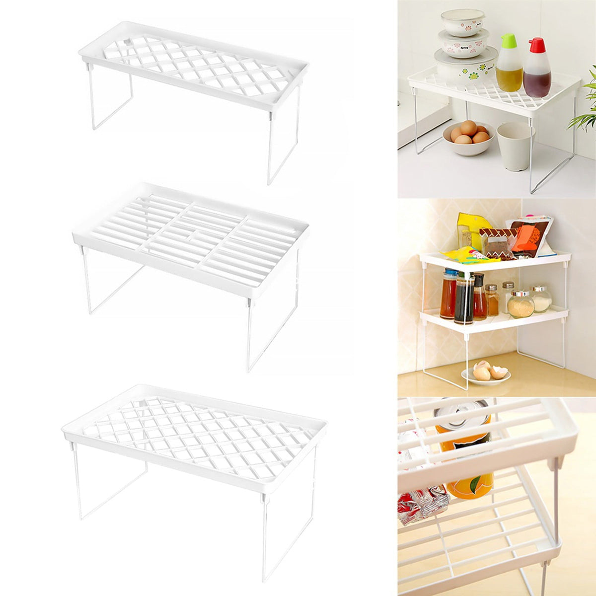 Stackable Shelf Riser for Cabinets, Folding Plastic Rack in Three Widths - Image 5