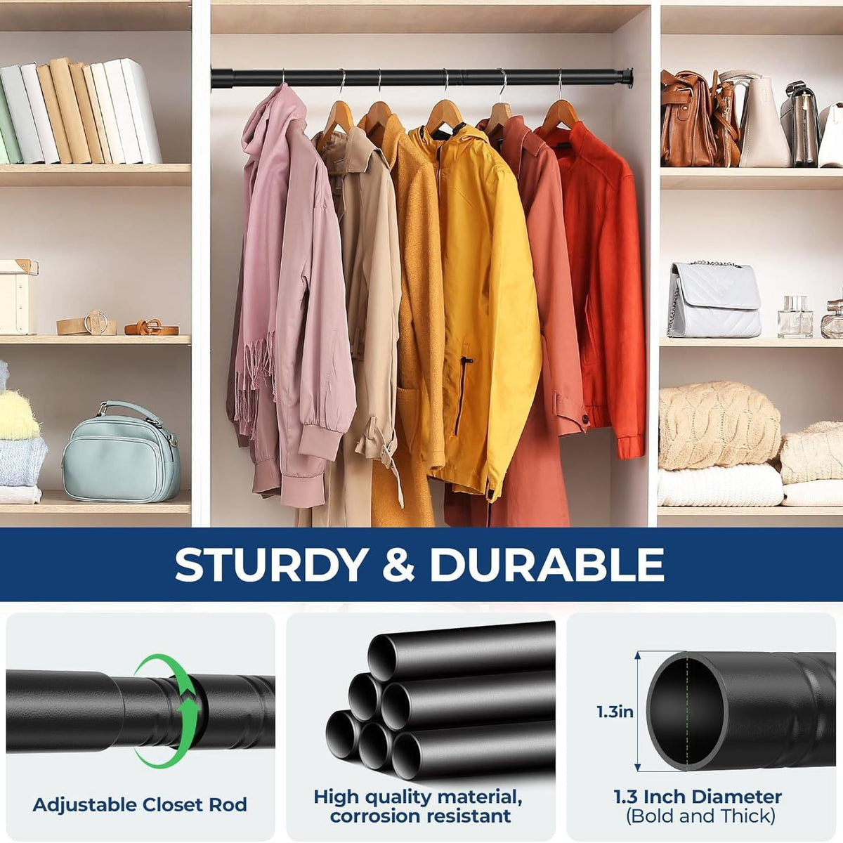 Adjustable Closet Rod, 17 to 87 Inches of Black Metal with Wall Brackets - Image 3