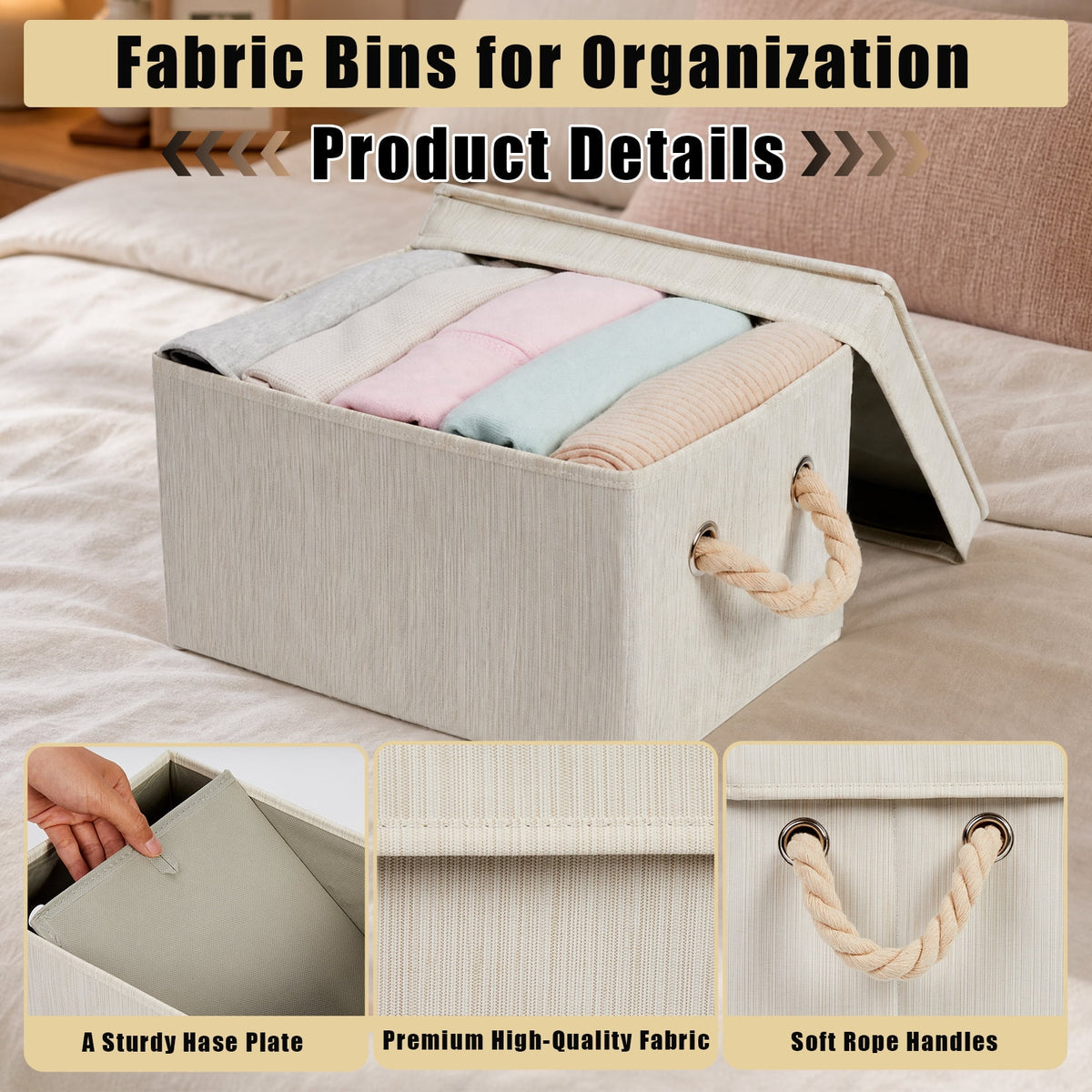 Lidded Fabric Storage Boxes, Set of 3 with Rope Handles, 11.8 x 9.1 x 6.7 In - Image 5