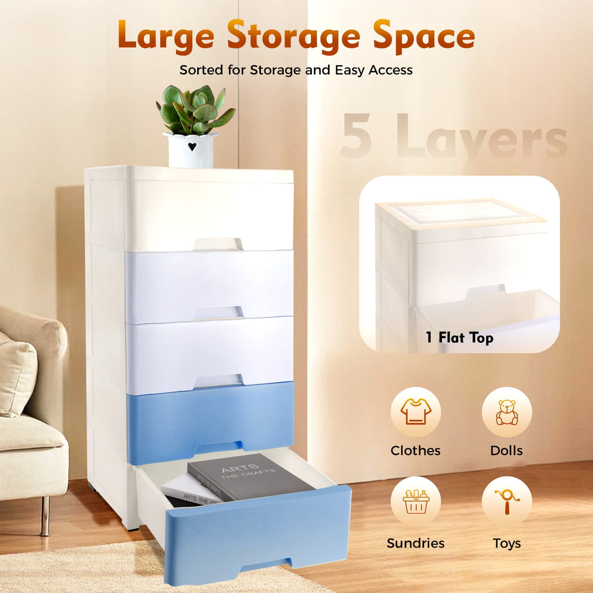Five Drawer Rolling Storage Tower, 31.5 Inches Tall with Removable Casters - Image 5