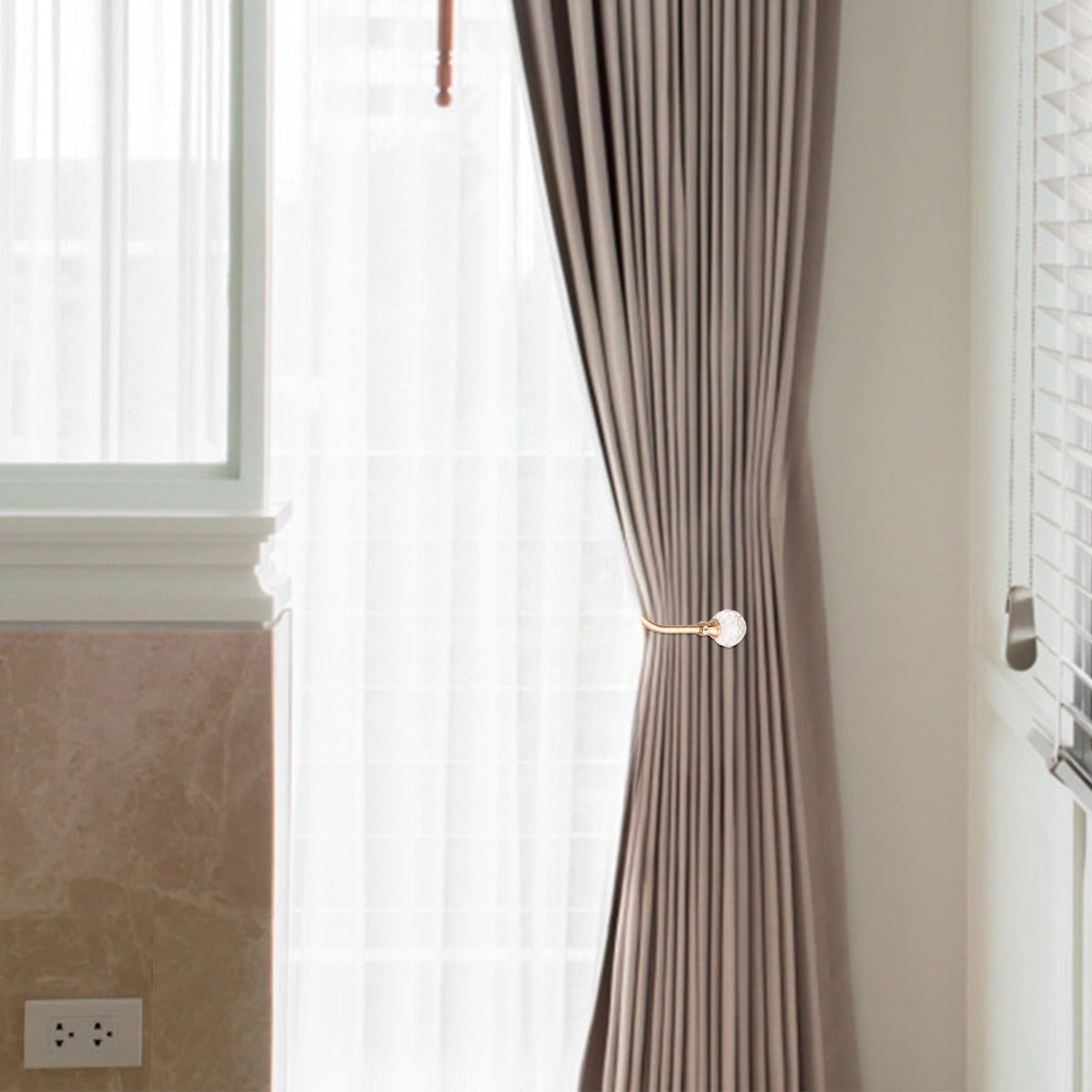 U Shaped Curtain Holdbacks in Gold Metal with Faceted Crystal Finials - Image 4