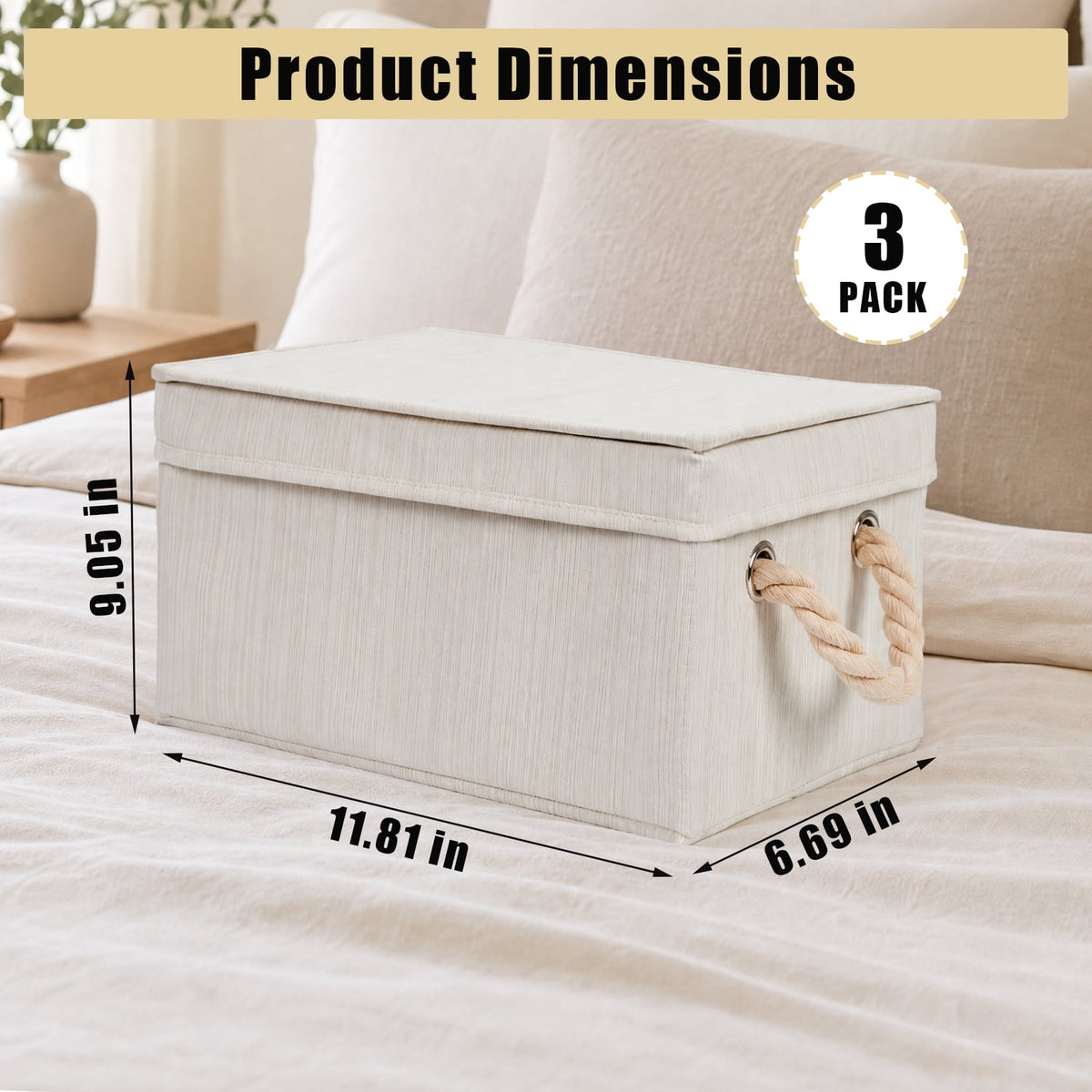 Lidded Fabric Storage Boxes, Set of 3 with Rope Handles, 11.8 x 9.1 x 6.7 In - Image 2