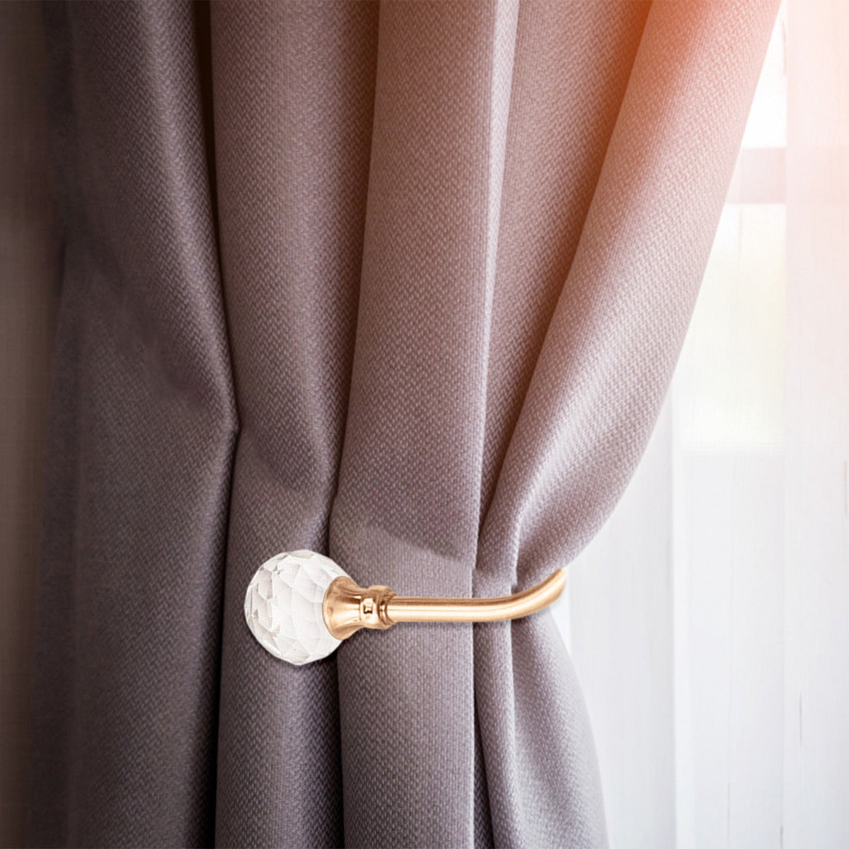 U Shaped Curtain Holdbacks in Gold Metal with Faceted Crystal Finials - Image 2