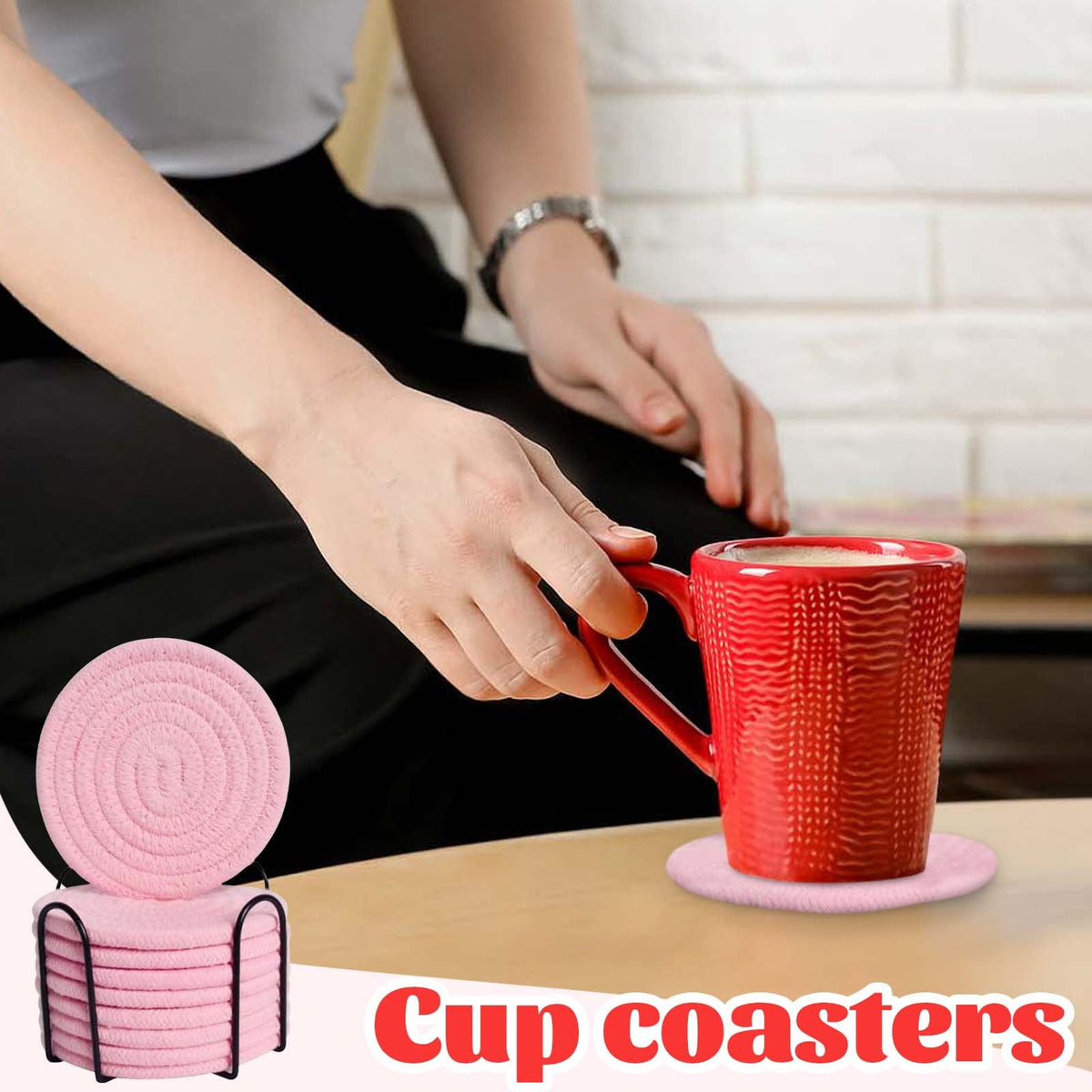 Woven Cotton Coasters, Set of Eight with a Slim Metal Holder - Image 4