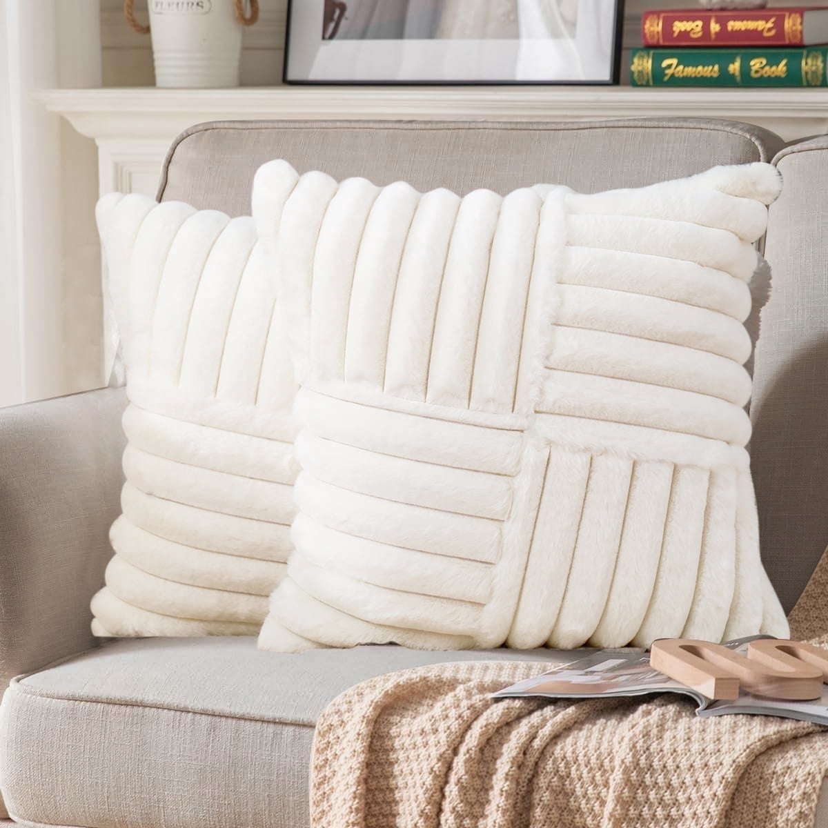 Plush Striped Cushion Covers, Pair of 18 Inch Squares in Cream - Image 4