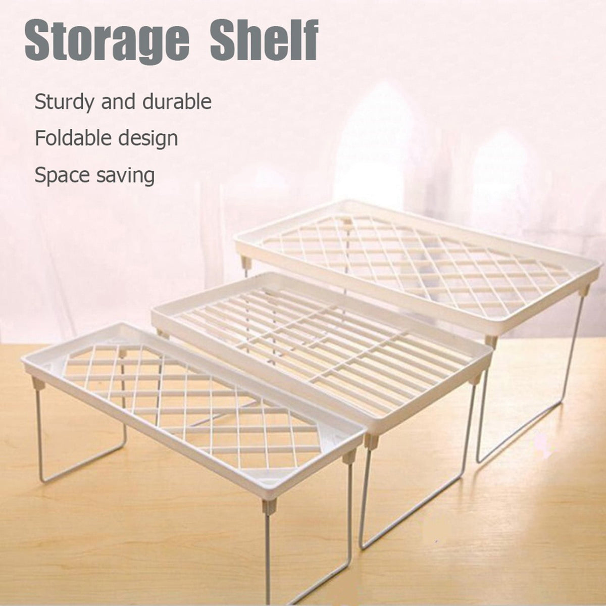 Stackable Shelf Riser for Cabinets, Folding Plastic Rack in Three Widths - Image 3