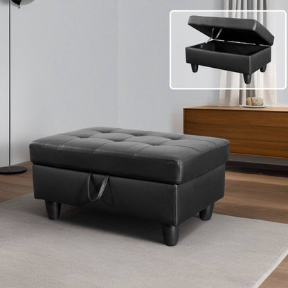 Tufted Faux Leather Storage Ottoman with Lift Off Padded Top, Black - Image 3