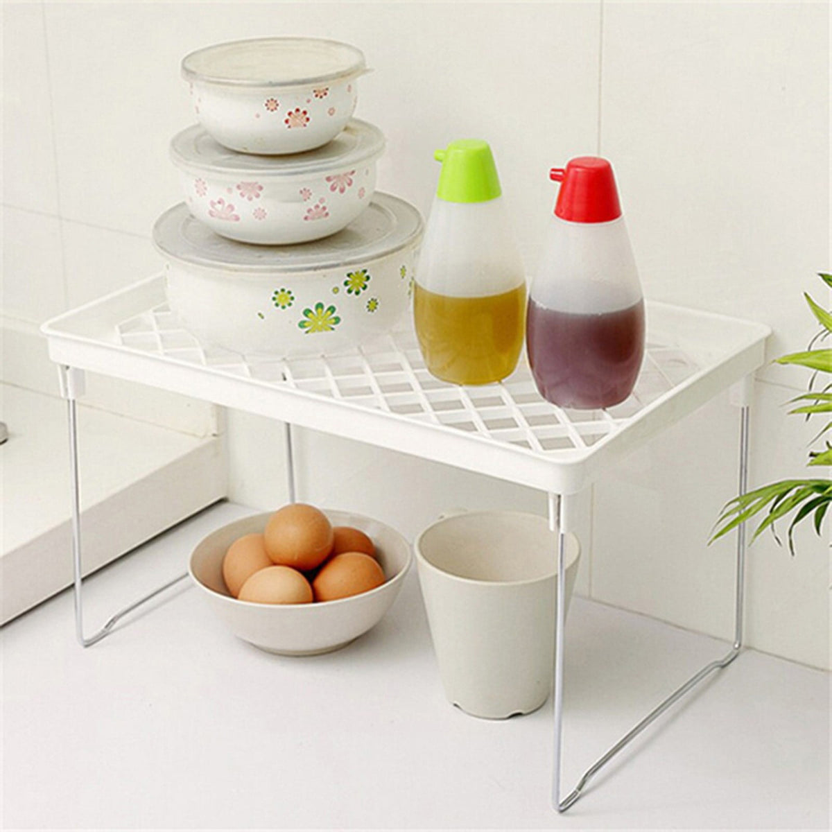 Stackable Shelf Riser for Cabinets, Folding Plastic Rack in Three Widths - Image 6