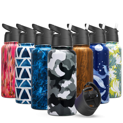 Insulated 32 oz Steel Flask with Flip Lid and Straw Lid, Wide Mouth - Image 2