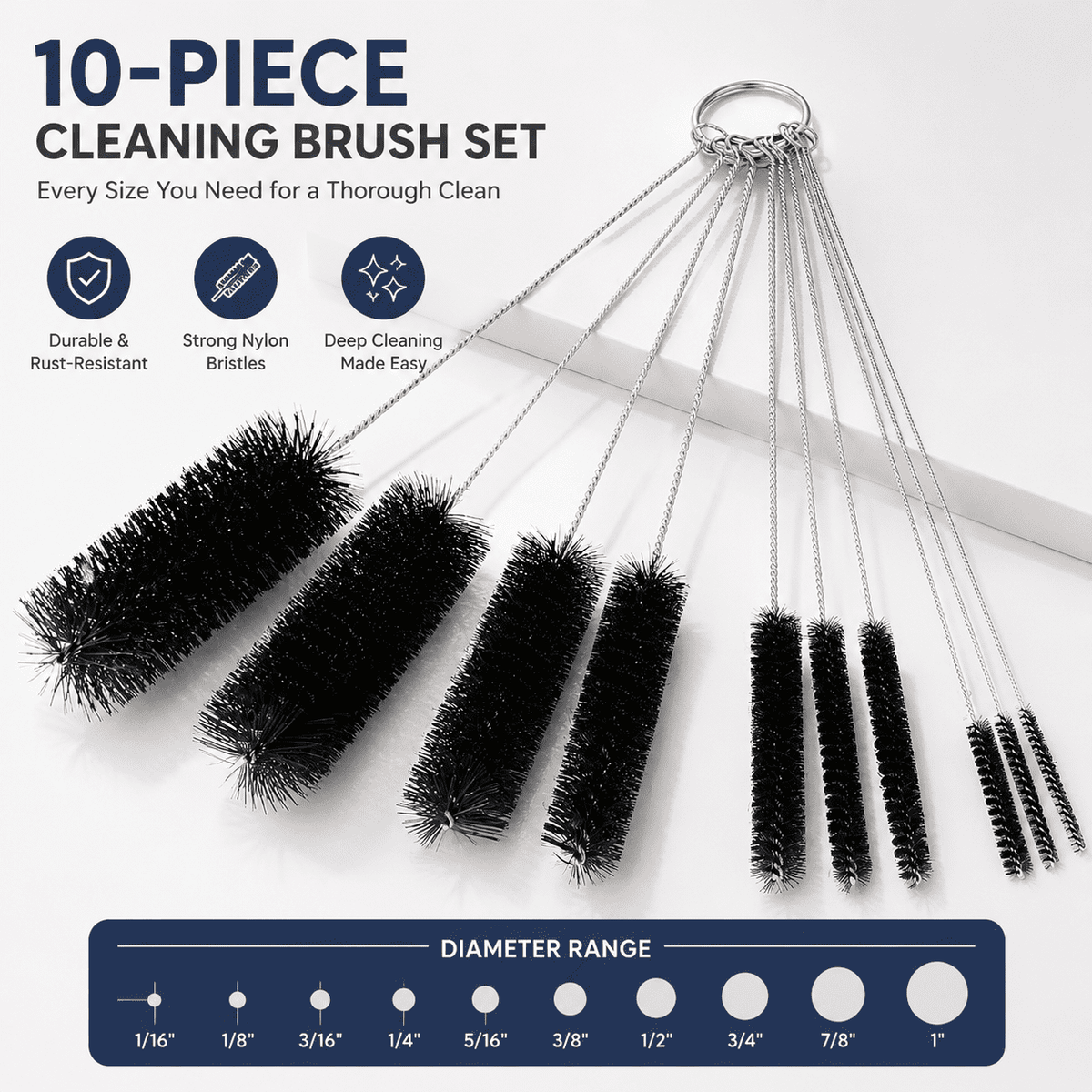 Nylon Tube and Straw Brush Set, Ten Sizes from 1/16 to 1 Inch - Image 3
