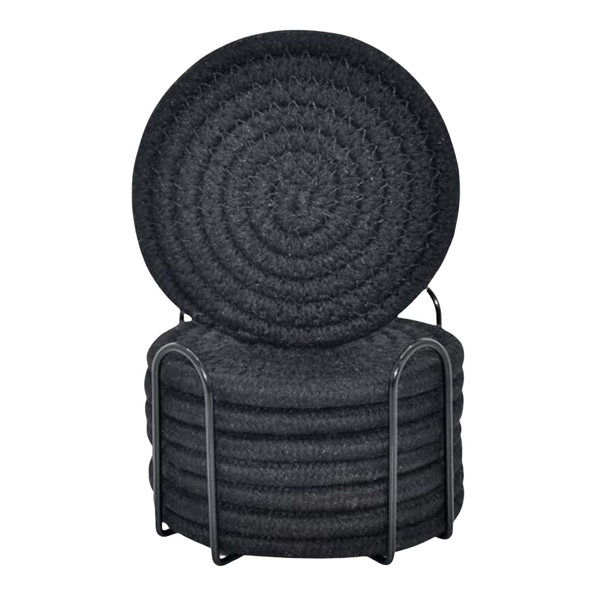Woven Cotton Coasters, Set of Eight with a Slim Metal Holder