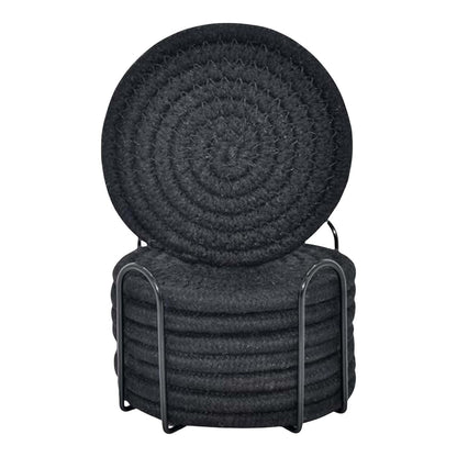 Woven Cotton Coasters, Set of Eight with a Slim Metal Holder