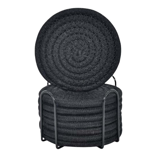 Woven Cotton Coasters, Set of Eight with a Slim Metal Holder