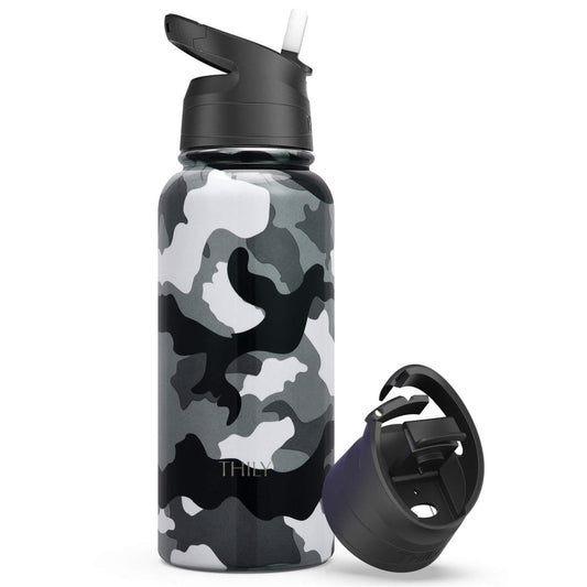 Insulated 32 oz Steel Flask with Flip Lid and Straw Lid, Wide Mouth