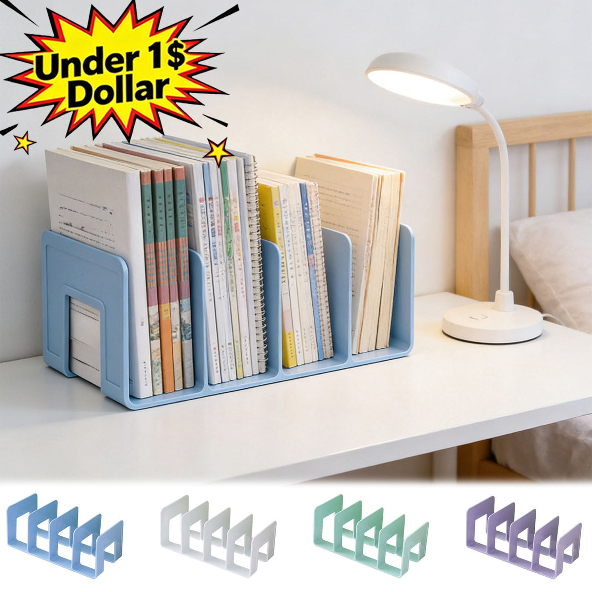 Four Slot Desktop Book Stand in White Plastic, 10.2 Inches Wide - Image 2