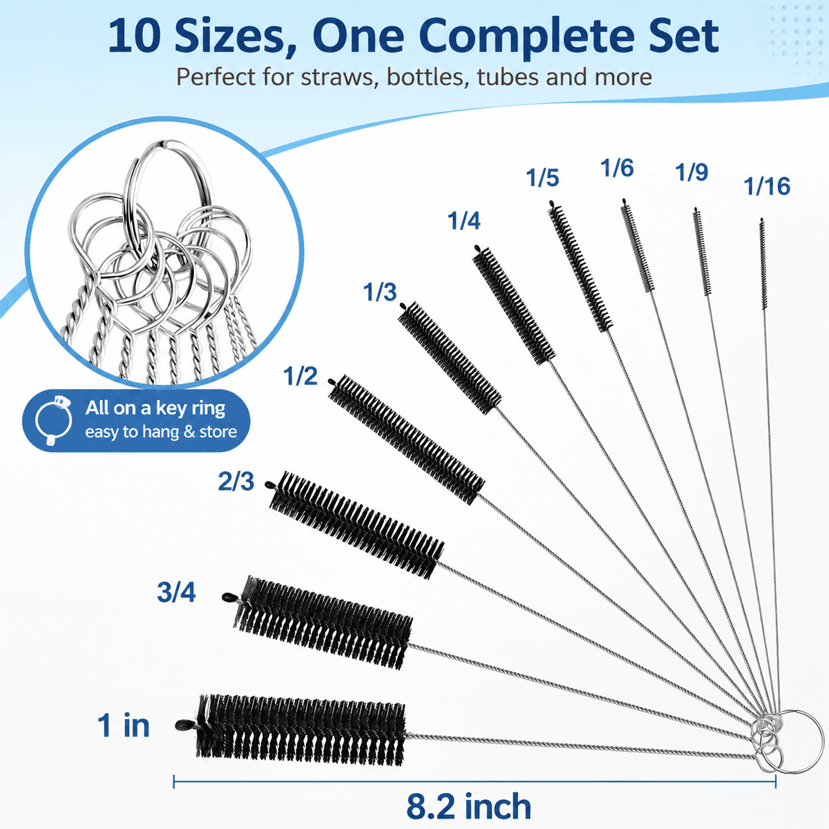 Nylon Tube and Straw Brush Set, Ten Sizes from 1/16 to 1 Inch - Image 2