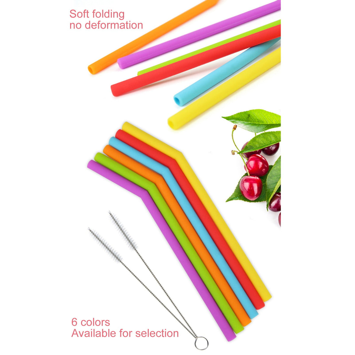 Reusable Silicone Straws, Six Flexible 14 Inch Tubes with Two Brushes - Image 2