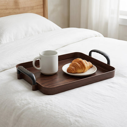 Rectangular Solid Wood Serving Tray with Side Handles and Raised Rim - Image 6