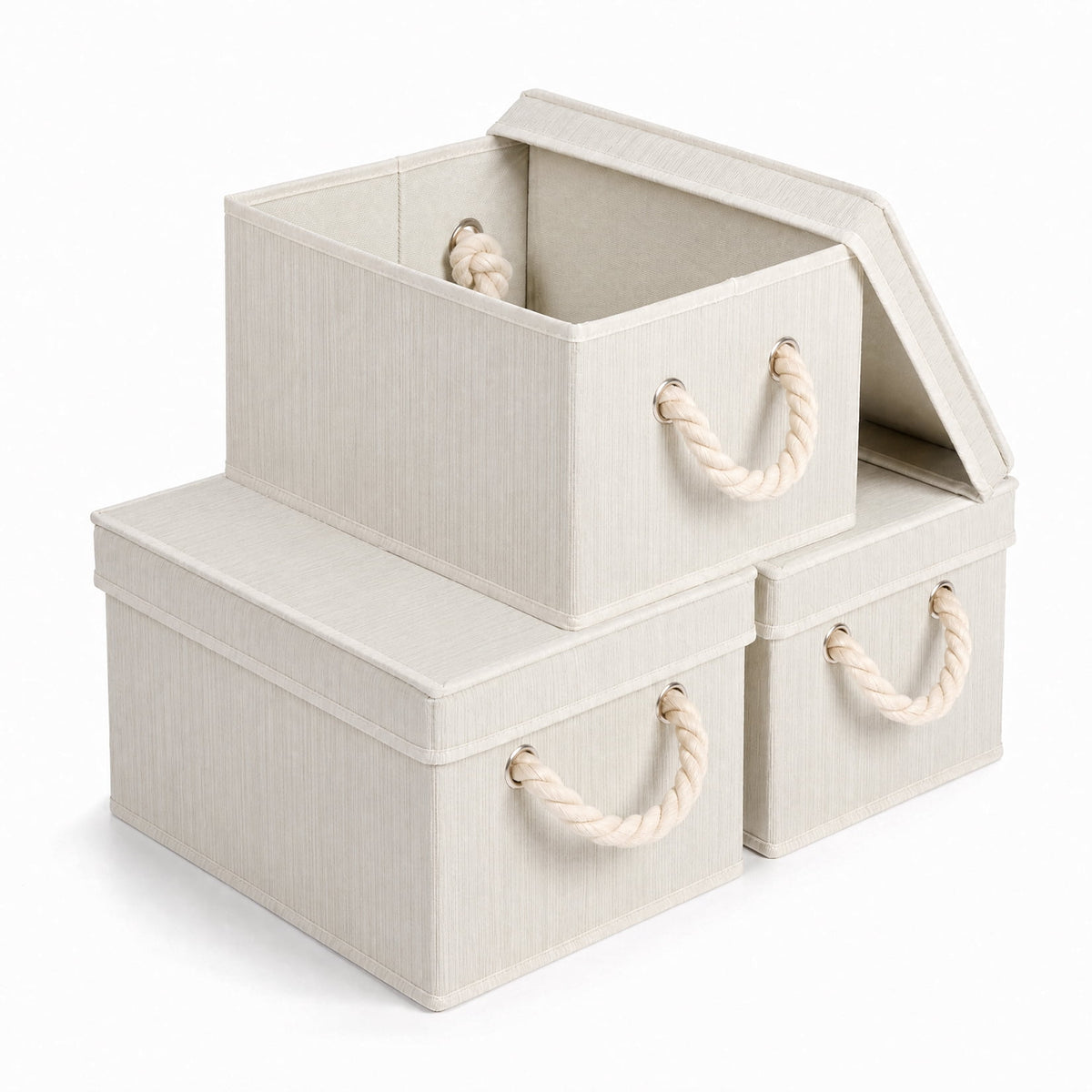 Lidded Fabric Storage Boxes, Set of 3 with Rope Handles, 11.8 x 9.1 x 6.7 In