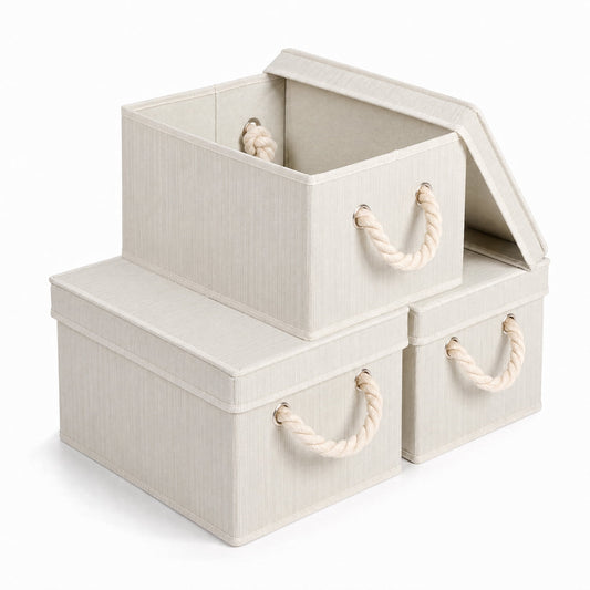 Lidded Fabric Storage Boxes, Set of 3 with Rope Handles, 11.8 x 9.1 x 6.7 In