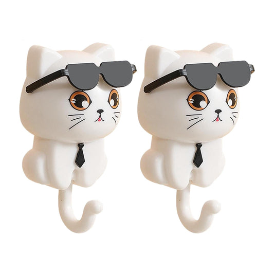 Adhesive Cat Wall Hooks for Keys and Towels, Set of Two in White